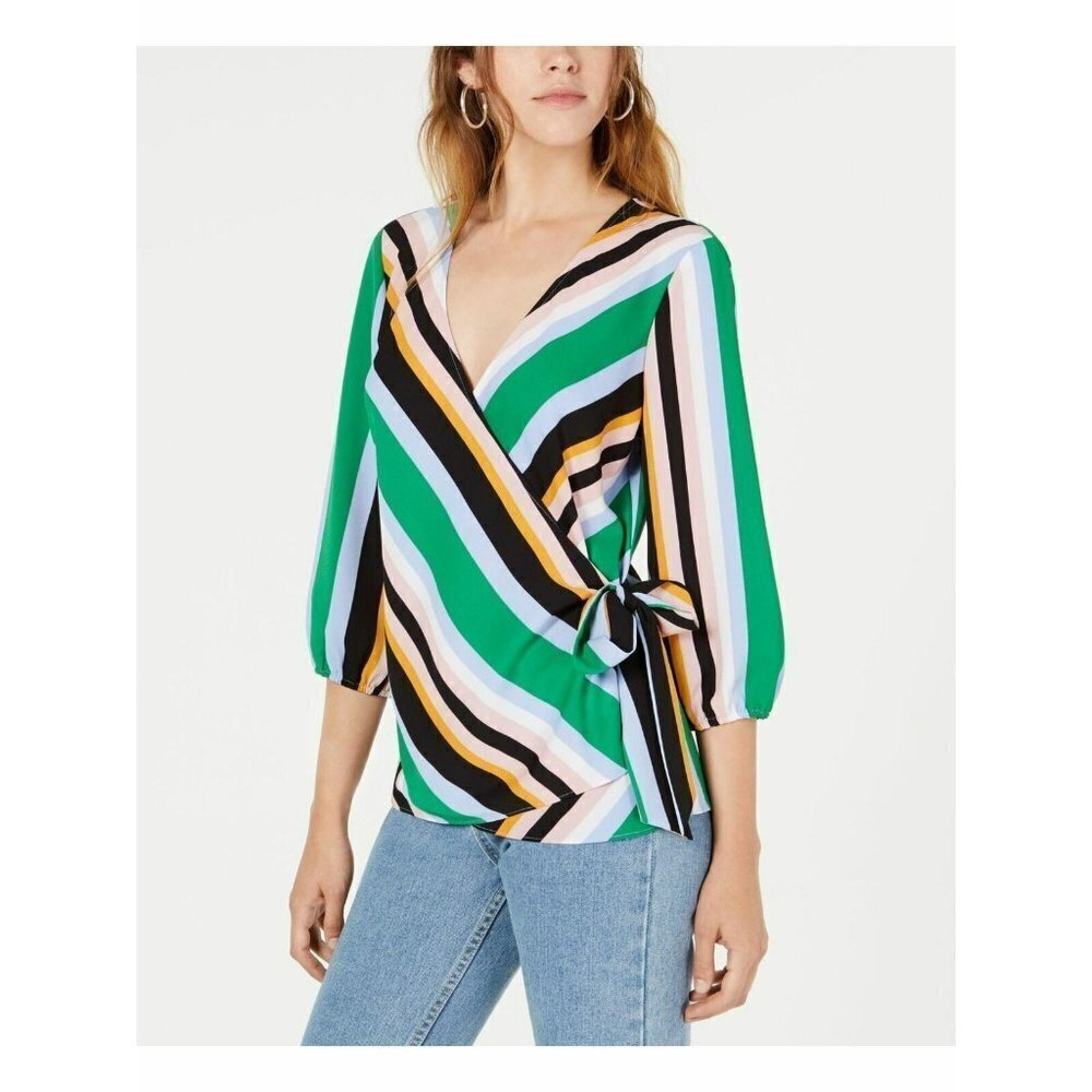New BAR III XXL Striped Wrap Blouse Top Shirt V Neck 3/4 Sleeve Womens NWT